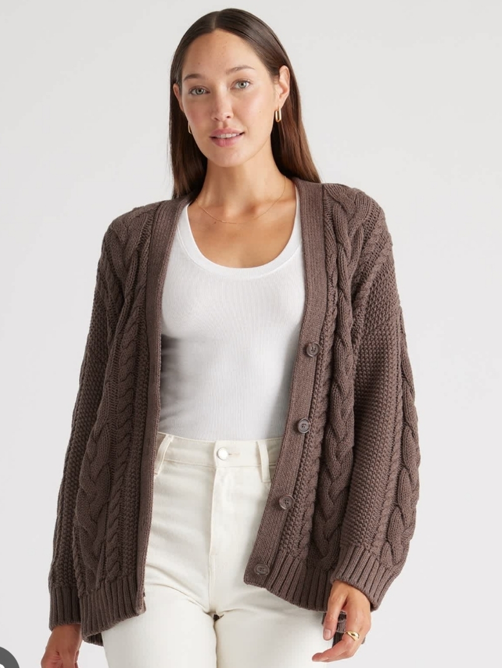 Quince 100% Organic Cotton Cable Cardigan Oversize Sz L Heather Brown